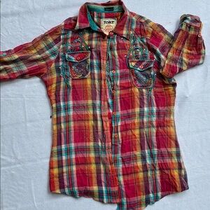 Roar plaid western contrast stitching and rhinestones vintage